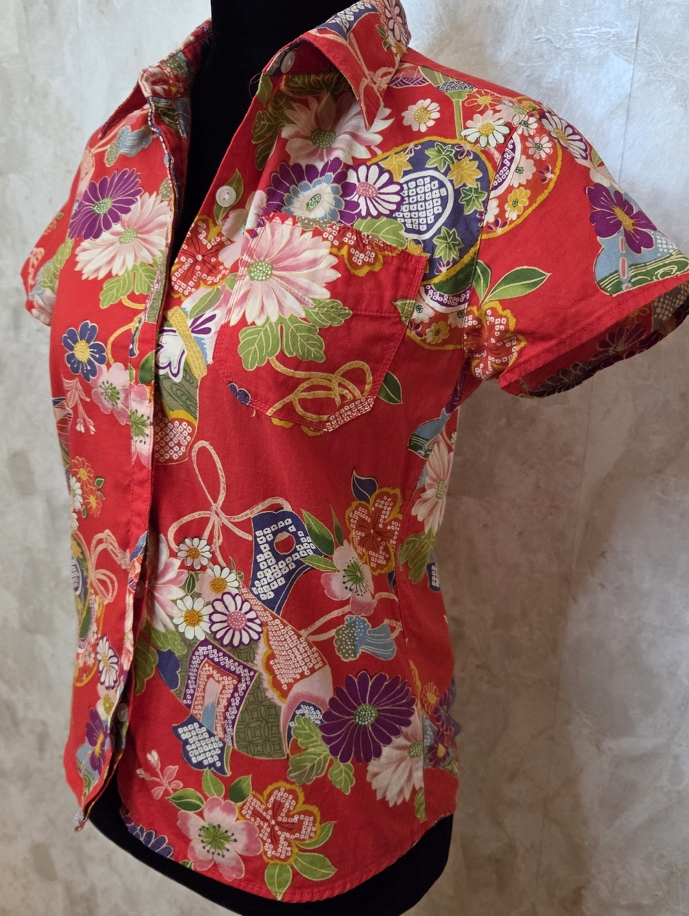 Takeo Kikuchi Floral Button Up Shirt Size 1 Red Japanese Designer - Picture 4 of 8